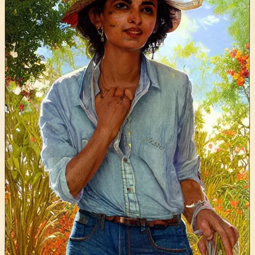 Image similar to close up a beautiful Indian doctor wearing jeans and a shirt in Texas in 2022, sun shining, photo realistic illustration by greg rutkowski, thomas kindkade, alphonse mucha, loish, norman rockwell.