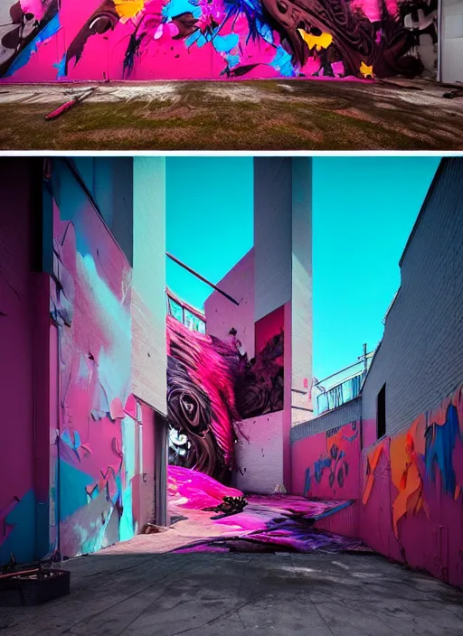 Prompt: matte painting extreme offset 3 d calligraphy graffiti mural dripping paint wall extreme maximalism by artur bordalo, by atey ghailan, by greg rutkowski, by greg tocchini, by james gilliard, by joe fenton, pink, brown, black and light blue color scheme, octane render