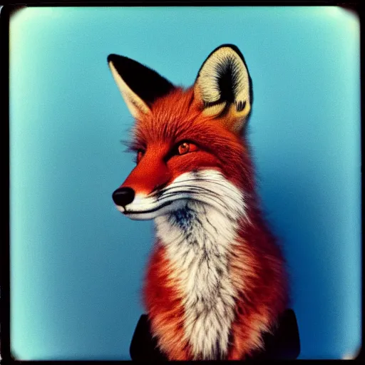 Prompt: medium-shot neat polaroid photo of a fox in a hoodie, 80s, colour, by Andy Warhol