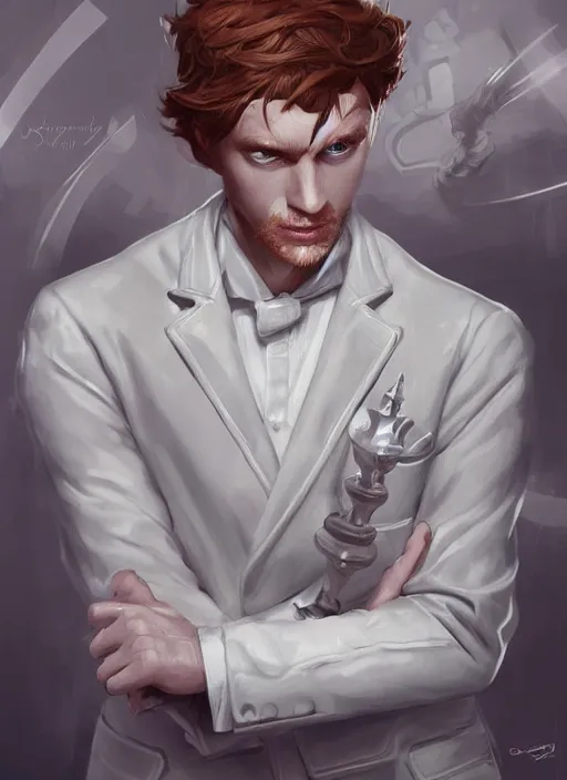 Image similar to a highly detailed illustration of short ginger haired man wearing white suit, dramatic holding chess piece pose, intricate, elegant, highly detailed, centered, digital painting, artstation, concept art, smooth, sharp focus, league of legends concept art, WLOP