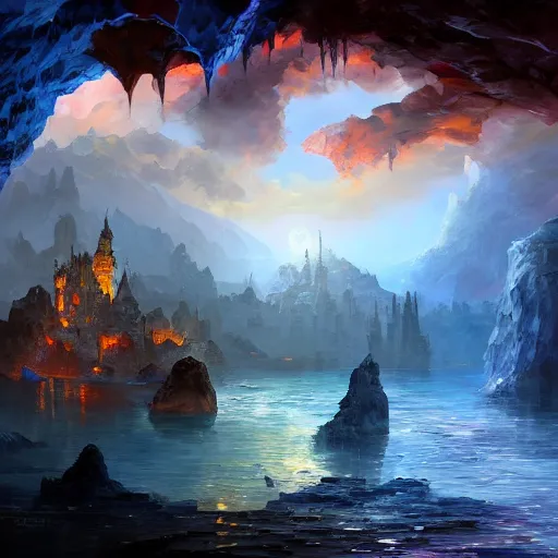 Prompt: a highly detailed 4 k fantasy matte oil painting by afremov of a city inside cave built around a long river. artstation, cgsociety, unreal engine, concept art, red and blue color scheme.