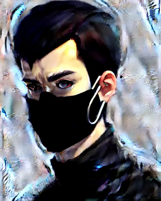 Image similar to a ultradetailed beautiful panting of a european young man wearing black medical mask and black long coat, by ilya kuvshinov, greg rutkowski and makoto shinkai, trending on artstation