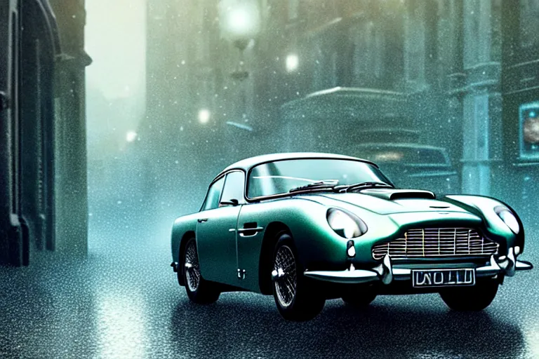 Image similar to a wholesome animation key shot of one focused aston martin db 5, dynamic, on a wet london street, raining, wide shot, studio ghibli, pixar and disney animation, sharp, very detailed, high resolution, rendered in unreal engine 5, anime key art by greg rutkowski, overcast lighting, dark