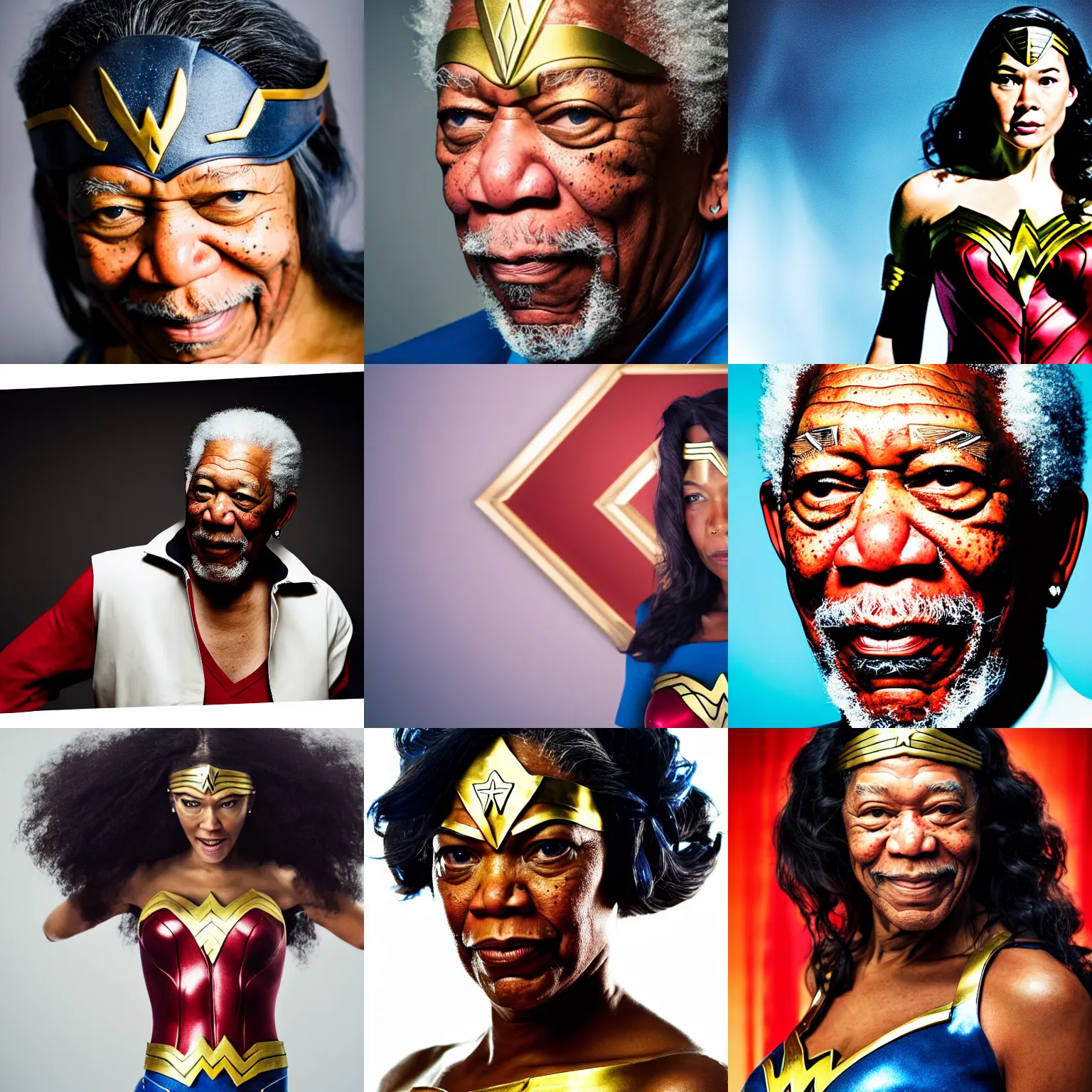 Prompt: dslr photography of morgan freeman as wonderwoman, head and shoulders photography, cinematic, studio portrait