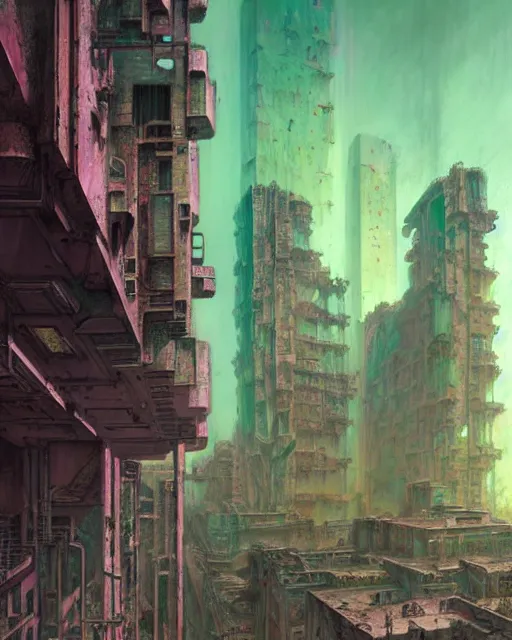 Image similar to hyperrealistic ornate mecha iridescent pink brutalist city ruins background concept art santiago caruso de chirico sharp very dramatic green light 8k low angle shallow depth of field