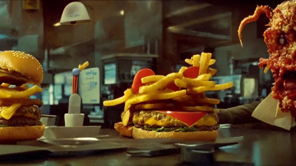 Image similar to the strange cheeseburger creature at the fast food place, film still from the movie directed by denis villeneuve and david cronenberg with art direction by salvador dali and zdzisław beksinski