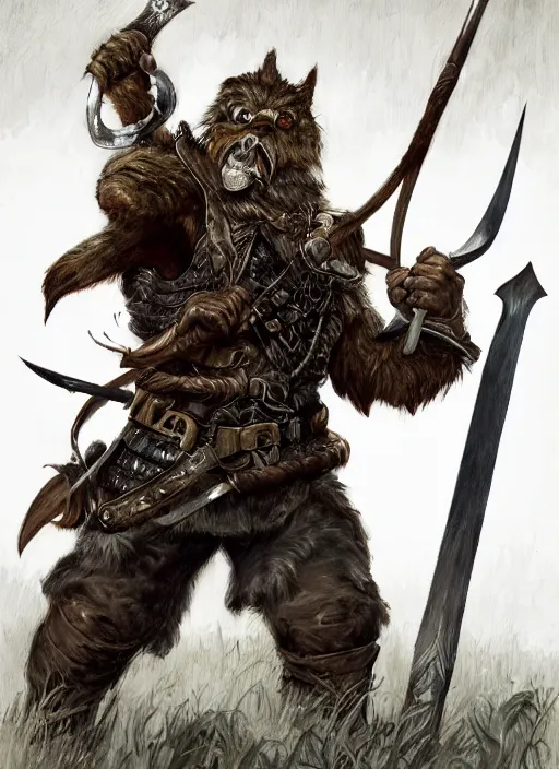 Image similar to strong young man, photorealistic bugbear ranger holding aflaming sword, black beard, dungeons and dragons, pathfinder, roleplaying game art, hunters gear, jeweled ornate leather and steel armour, concept art, character design on white background, by alan lee, norman rockwell, makoto shinkai, kim jung giu, poster art, game art