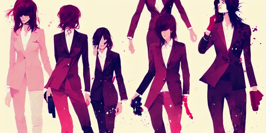 Image similar to a ultradetailed painting of multiple women in suits, by conrad roset, greg rutkowski and makoto shinkai trending on artstation