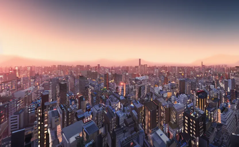 Prompt: unreal engine render of tokyo city from a rooftop view, sunset lighting, hyper realism, realistic shading, cinematic composition, blender render, octane render, hdr, detailed textures, photorealistic, ultrawide shot, 1 6 mm lens