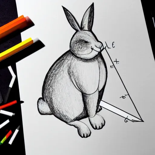 Image similar to schematic drawing of big chungus with pencils and triangle ruler lying next to the drawing