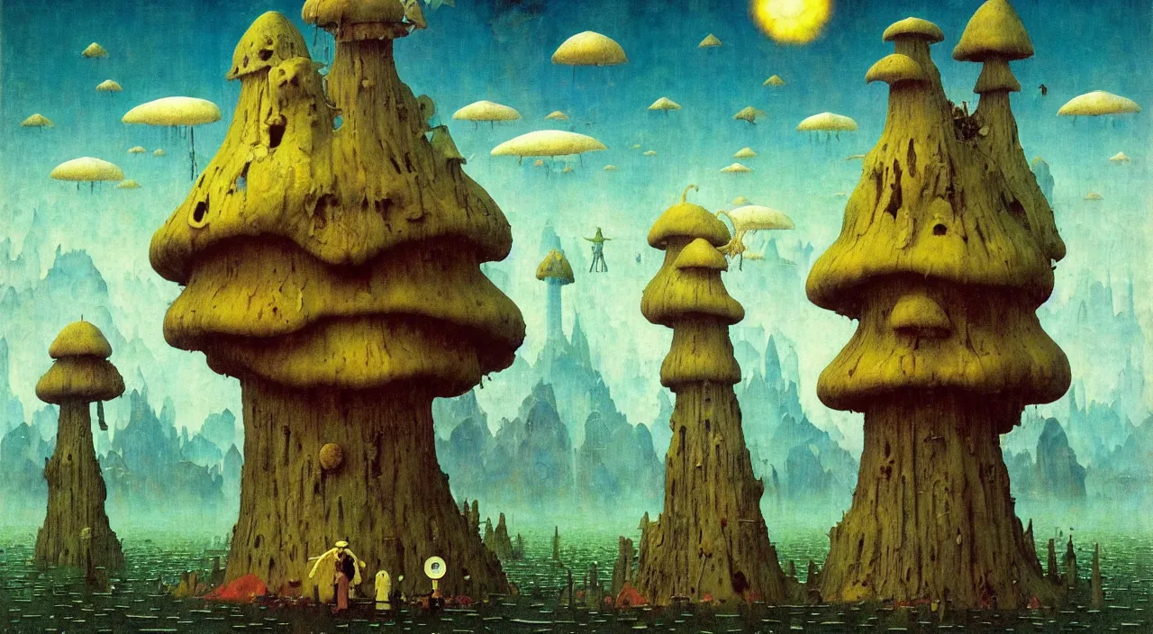 Image similar to single flooded simple!! ( lovecraftian ) toadstool tower anatomy, very coherent and colorful high contrast masterpiece by norman rockwell franz sedlacek hieronymus bosch dean ellis simon stalenhag rene magritte gediminas pranckevicius, dark shadows, sunny day, hard lighting