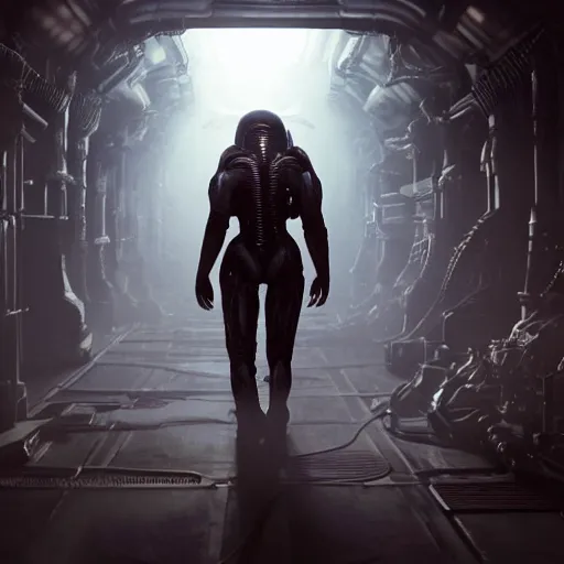 Image similar to xenomorph walking through a tight corridor in the movie alien, exposed tubes, mysterious atmospheric lighting, matte painting, intricate, iridescent, volumetric lighting, beautiful, rich deep colours masterpiece, fog golden hour, golden ratio, sharp focus, ultra detailed, by leesha hannigan, ross tran, thierry doizon, kai carpenter, ignacio fernandez rios