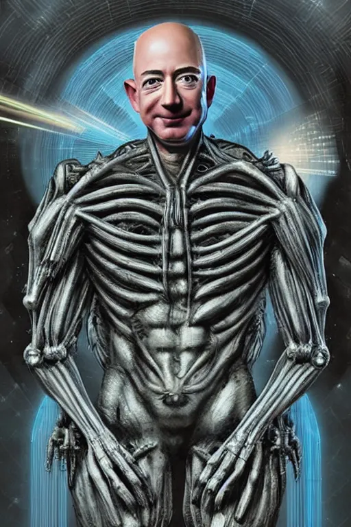 Image similar to jeff bezos as a filthy alien invader with a laser weapon, photorealistic, cinematic lighting, highly detailed, very intricate, by hr giger