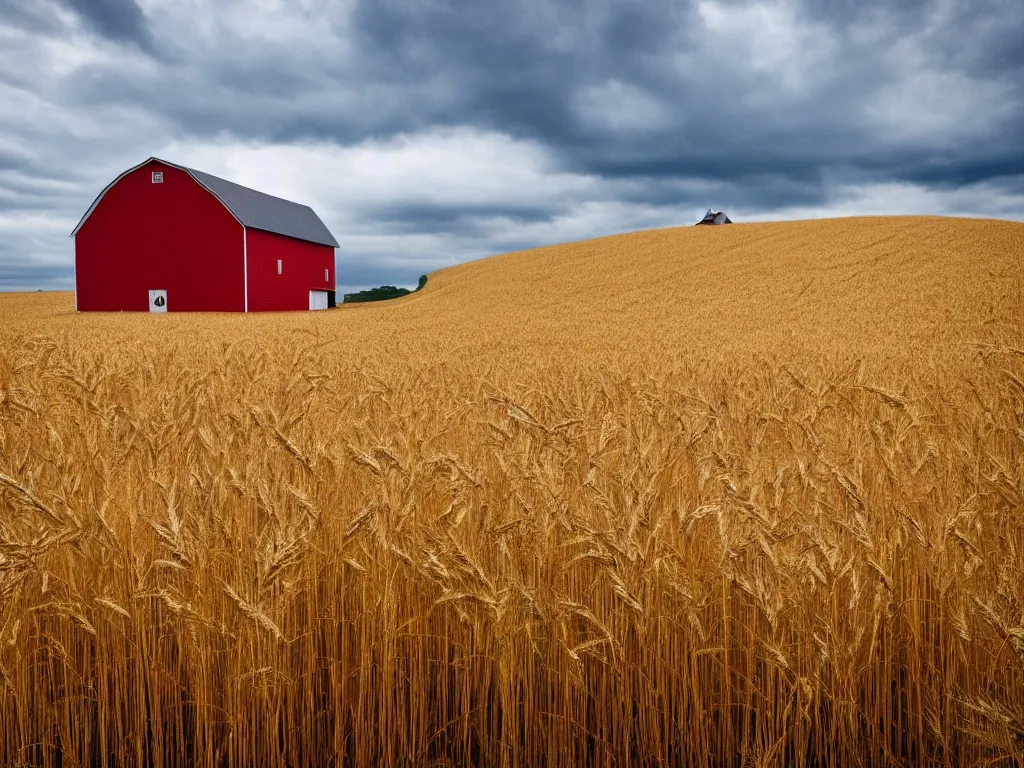 Image similar to A single isolated old red barn next to a wheat crop at the bottom of a cliff at noon. Award winning photography, wide shot, surreal, dreamlike.