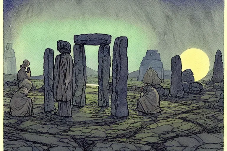 Image similar to a realistic and atmospheric watercolour fantasy concept art of a ufo landing in a floating stonehenge. medieval monk in grey robes is on his knees praying. a large crescent moon in the sky. muted colors. by rebecca guay, michael kaluta, charles vess and jean moebius giraud