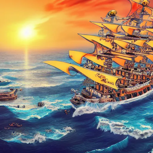 Prompt: thousand sunny ship from one piece, aerial, photorealistic, by professional photographer