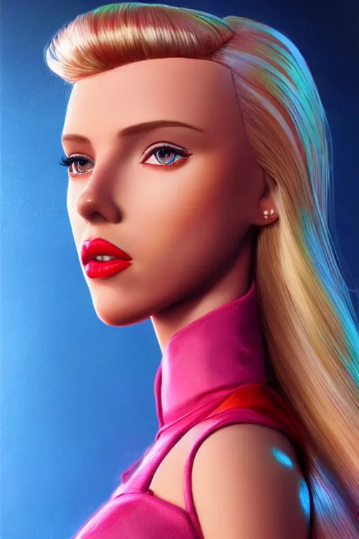 Image similar to Scarlett Johansson as a barbie doll, vivid colors, high details, cinematic, 8k resolution, beautiful detailed, photorealistic, digital painting, artstation, concept art, smooth, sharp focus, illustration, fantasy background, artstation trending, octane render, unreal engine