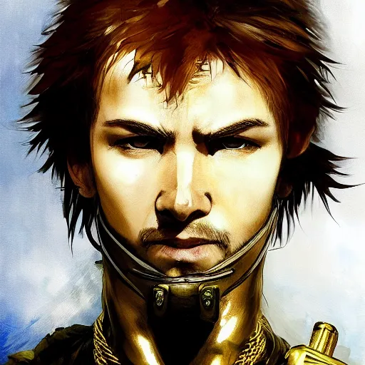 Image similar to portrait of a young white hero holding his sword next to his face covering his eye by yoji shinkawa, high quality, extra details, realism, ornate, colored, golden chain, blood, white skin, short hair, brown eyes, vivid, sunlight, dynamic, american man, freedom, white american soldier, painting