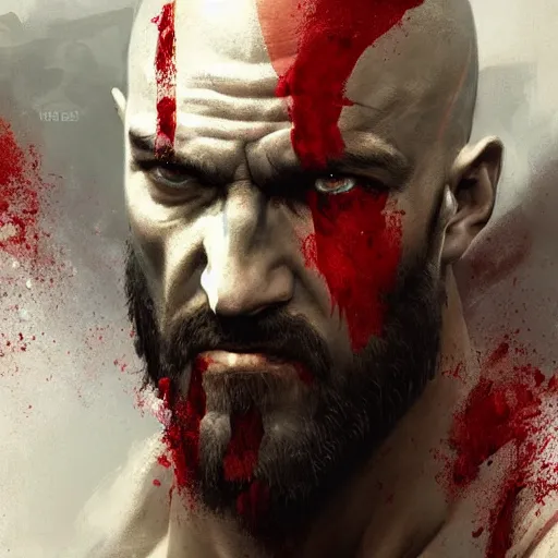 Prompt: kratos portrait, bleeding, by greg rutkowski, cinematic view, great light