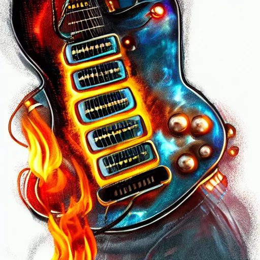 Prompt: eyes, electric guitar, fire, extremely Highly detailed, Occult, magical, trending on artstationHQ, highly detailed, digital painting, artstation, concept art, matte, illustration, concept art