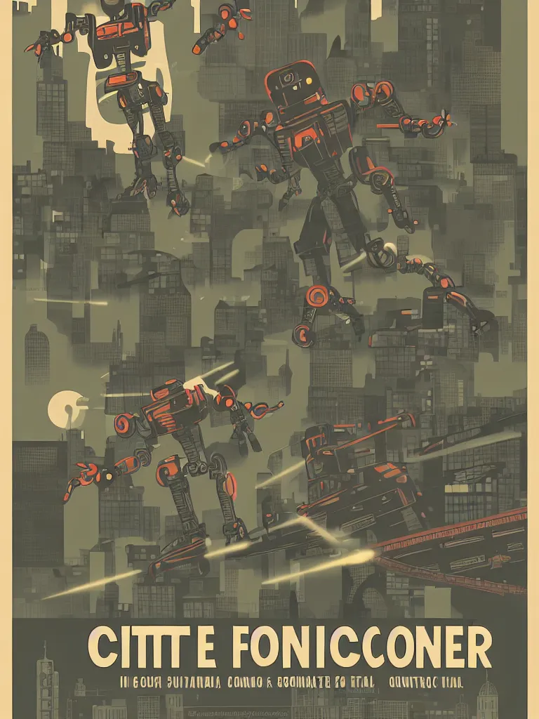 Image similar to tierra connor style poster illustration of a large retro science fiction robot battle above city neighbourhood, vintage muted colors, some grungy markings