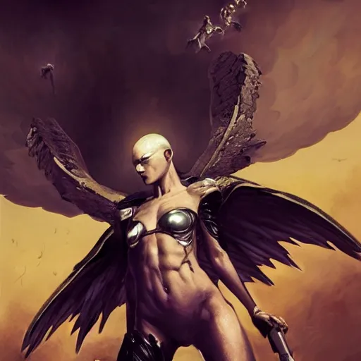 Prompt: androgynous fallen angel with shaved head on one falling through the sky while battling superior larger angels, beautiful, symmetrical, hd, highly detailed, 4 k, artgerm, cyberpunk, art by greg rutkowski