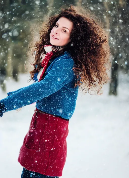 Prompt: a photo of 4 0 year old woman with short wavy curly light brown hair and blue eyes wearing colorful winter clothes is running in a snowy field. 3 5 mm. front view, award winning photography, perfect faces