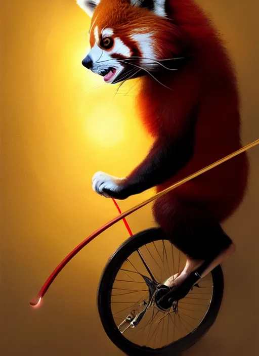 Image similar to portrait of a red panda riding a unicycle, playing a violin, intricate, elegant, glowing lights, highly detailed, digital painting, artstation, concept art, smooth, sharp focus, illustration, art by wlop, mars ravelo and greg rutkowski