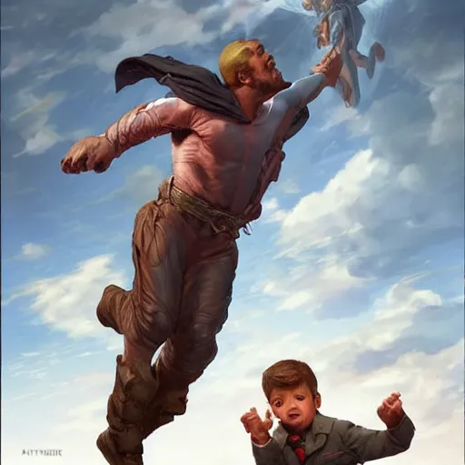 Image similar to a flying man catching a child that is falling from a cliff. photorealistic. realism. 4 k wideshot. cinematic. unreal engine. artgerm. marc simonetti. jc leyendecker