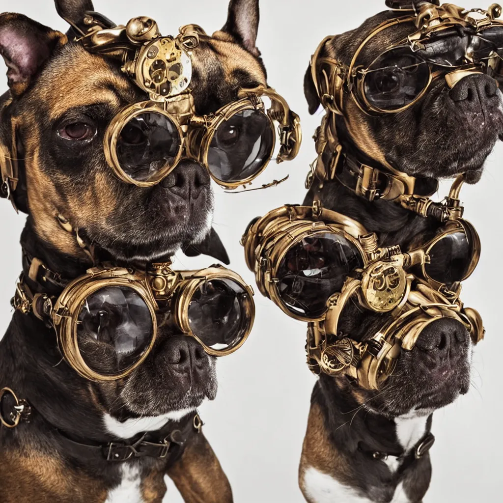 Prompt: a close up shot of a dog with steampunk googles, by ROSS tran