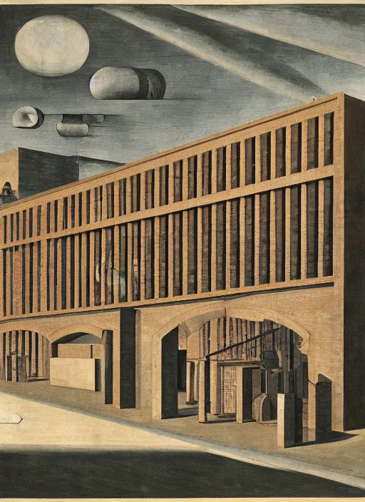 Prompt: an axonometric painting by giorgio de chirico of an elongated industrial warehouse designed by elia zenghelis