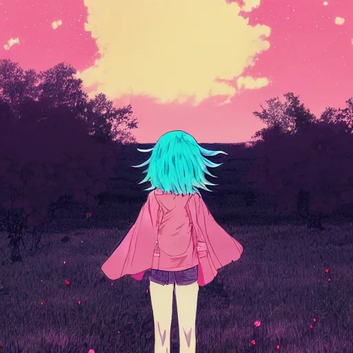 Image similar to a super detailed moe protagonist girl with pink hair in a field by inio asano, beeple and james jean, aya takano color style, 4 k, super detailed, night sky, digital art, digital painting, celestial, majestic, colorful