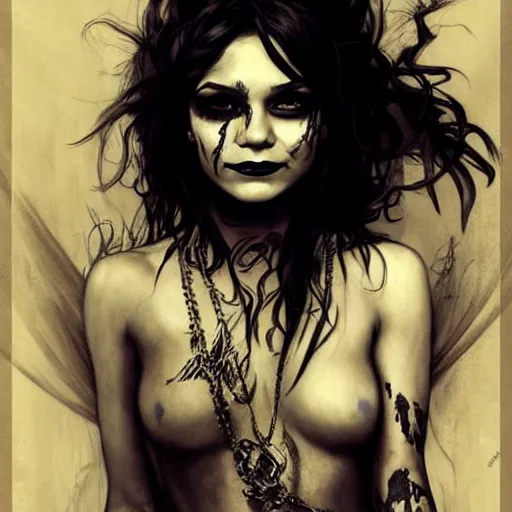 Prompt: beautiful portrait of vanessa hudgens as death from sandman, smiling, by cedric peyravernay, alphonse mucha, by jeremy mann, by lecouffe deharme, goth chic, tear tatoo, soft lightning, eyeliner, punk rock, high detailed, 8 k