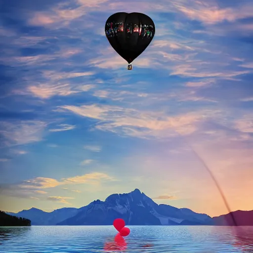 Image similar to photo of two black swans touching heads in a beautiful reflective mountain lake, a colorful hot air balloon is flying above reflecting off water, hot air balloon, intricate, 8k highly professionally detailed, centered, HDR, CGsociety