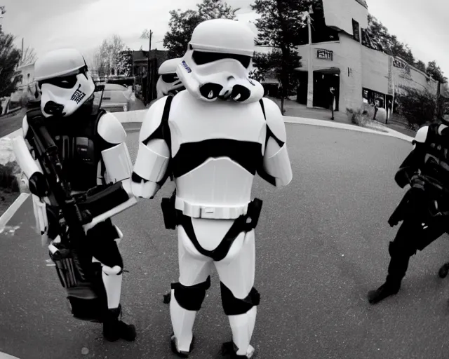 Image similar to helmet cam, stormtroopers apprehending a suspect in Detroit, grainy, fish eye lens, black and white, night vision, cdx
