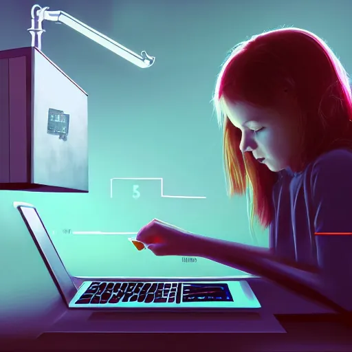 Image similar to realistic teenager using laptop in super tech room, artstation trends, concept art, highly detailed, intricate, sharp focus, digital art, 8 k