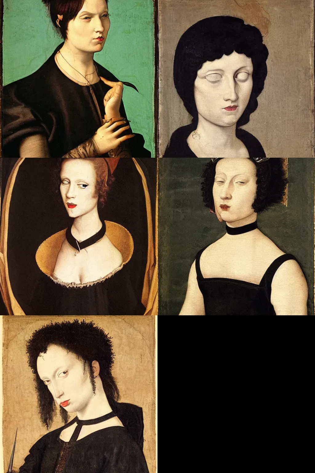 Prompt: goth painted by alessandro allori. high - quality character portrait. short dark brown messy pixie haircut, large black eyes, slightly rounded face, pointed chin, small nose, black tank top, black leather jacket, black knee - length skirt, black choker.