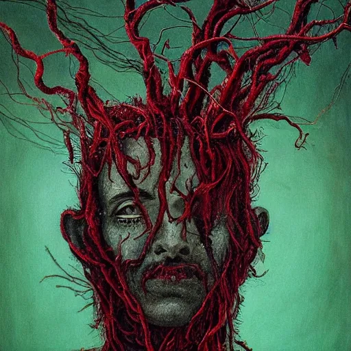 Prompt: cinematic lighting, post production, award - winning painting of a edgar alan poe, infested with pitch green, grass - like, shadow roots with lots of tendrils on the skin, blue veins, intricate detail, deep red roots, infestation, shadowy, lovecraftian, beksinksi, chiaroscuro, close - up portrait shot