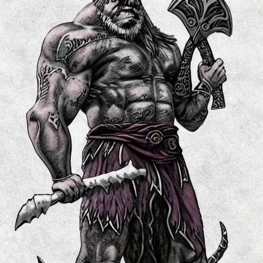 Prompt: frost giant, with a two handed axe, tribal tattoos, very muscular, large fists, fantasy, d & d, intricate, detailed, by greg ruthowski, trending on artstation, smooth, sharp focus