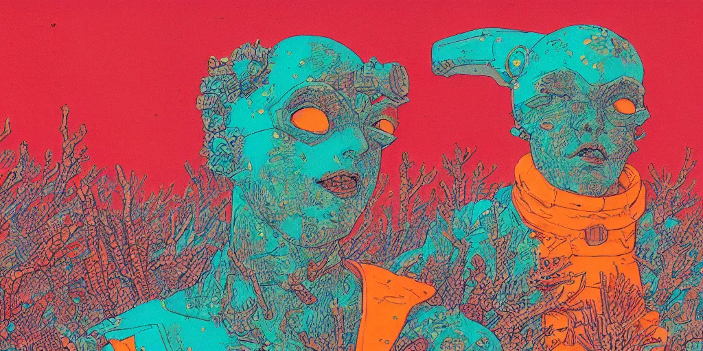 Image similar to risograph grainy drawing vintage sci - fi, satoshi kon color palette, gigantic gundam full - body covered in dead coral reef, 1 9 8 0, kodachrome, natural colors, comicbook spreadsheet, codex seraphinianus painting by moebius and satoshi kon and dirk dzimirsky close - up portrait