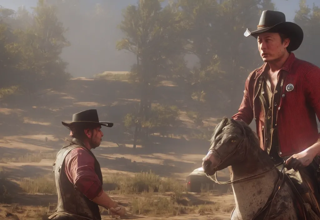 Image similar to elon musk in the red dead redemption 2, elon musk in the video game red dead redemption 2, gameplay screenshot, close up, 3 d rendering. unreal engine. amazing likeness. very detailed.