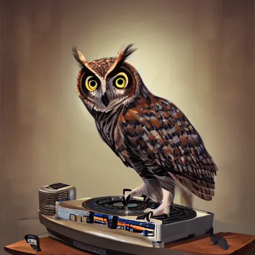 Prompt: an owl dj in human clothes making techno music, artistic, cartoon, oil painting, futuristic, humanoid, dramatic, very detailed, trending on artstation, surreal