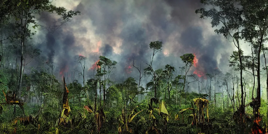 Image similar to amazon forest burning, apocalyptic, very detailed, wide - angle lens, digital art.