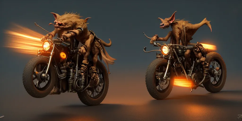 Image similar to a goblin riding a steampunk motorcycle, volumetric light, hyperdetailed, artstation, cgsociety, 8k