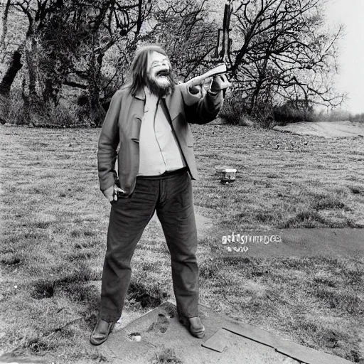 Image similar to robert wyatt laughing maniacally and shooting the view with his gun