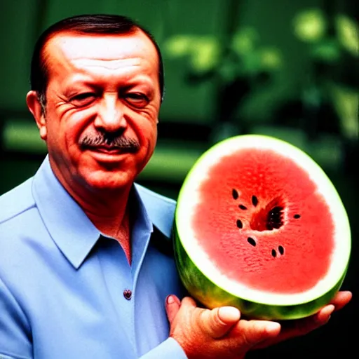 Image similar to recep tayyip erdogan smiling holding watermelon for a 1 9 9 0 s sitcom tv show, studio photograph, portrait c 1 2. 0