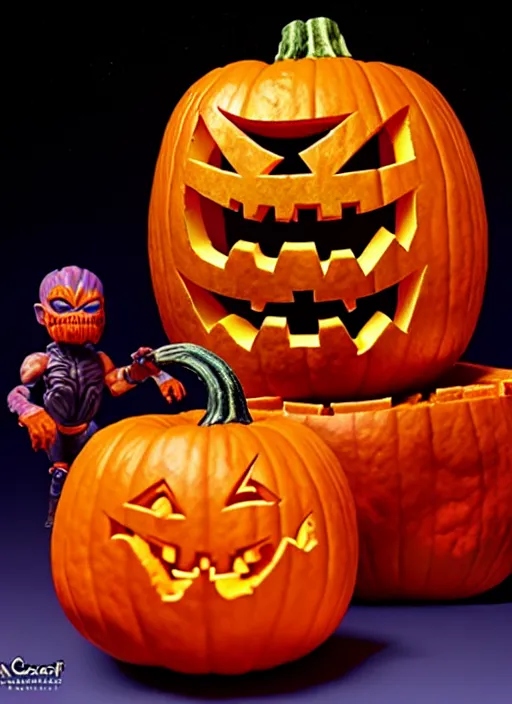 Image similar to hyperrealistic rendering, epic pumpkin overlord battle by art of skinner and richard corben and jeff easley, product photography, action figure, sofubi, studio lighting, colored gels