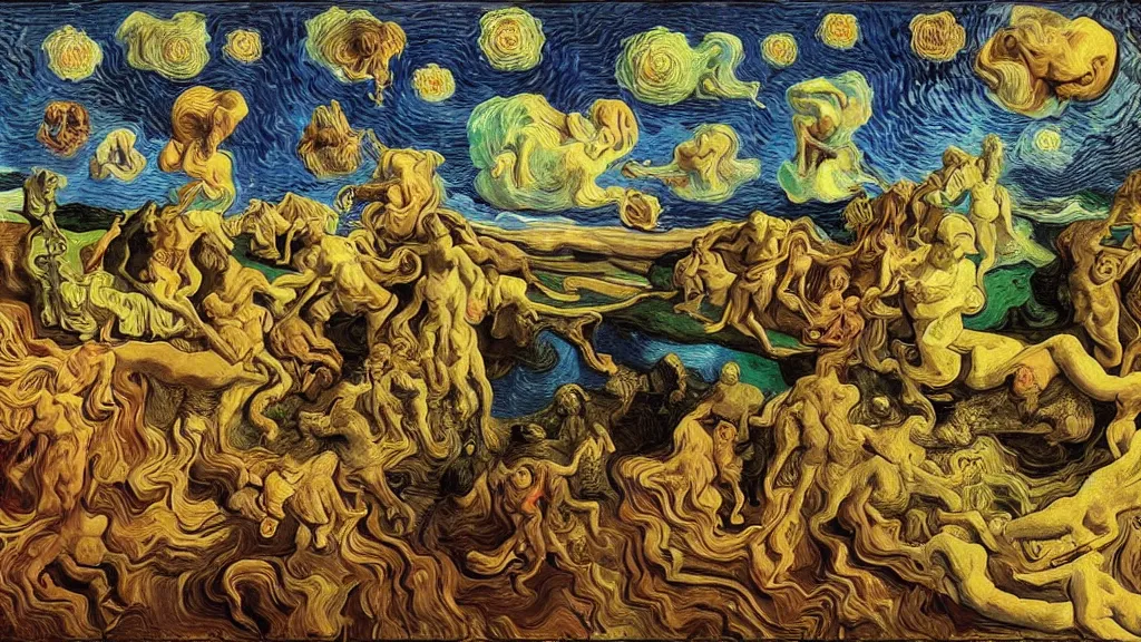 Image similar to psychoautistic scene of a divine moment, 4K, Rococo & Precisionism, colorized, by collaboration of Salvador Dali, Van Gogh and M. C. Escher