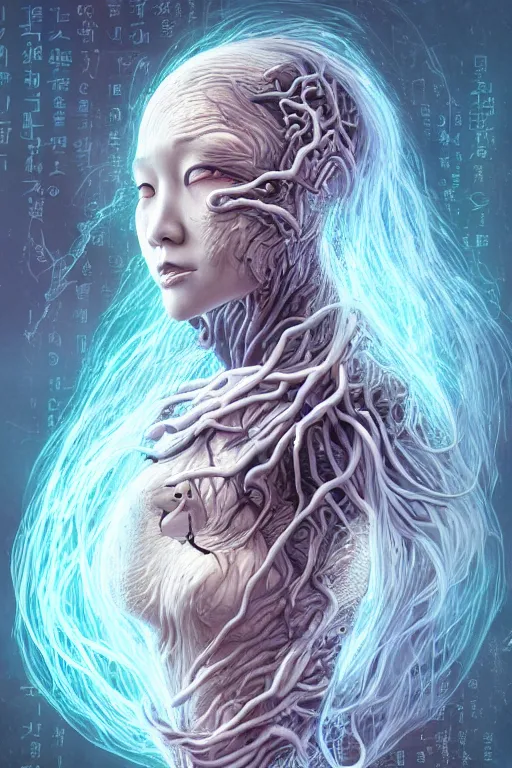 Prompt: beautiful possessed korean female android fused with lovecraft, cosmic entity, the thing, the blob, cable wires as hair, ghostly, holes in the lower jaw, gnarly, portrait, intricate details, by vincent di fate, artgerm, julie bell, beeple and Greg Rutkowski, 80s, concept, Smooth gradients, octane render, 8k, High contrast, duo tone, depth of field, very coherent symmetrical artwork