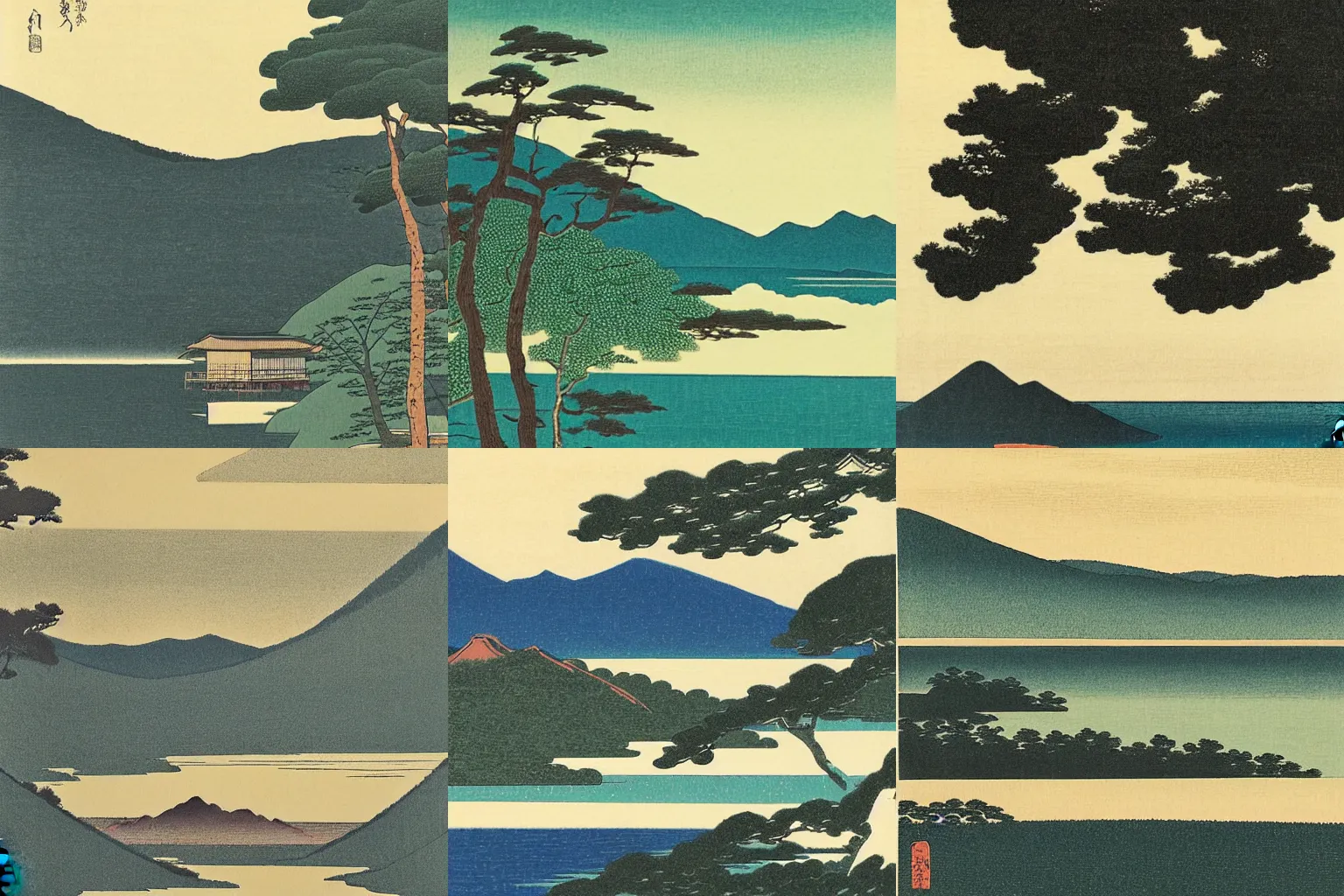 Prompt: Landscape with lake and mountain, Hasui Kawase Woodblock Print